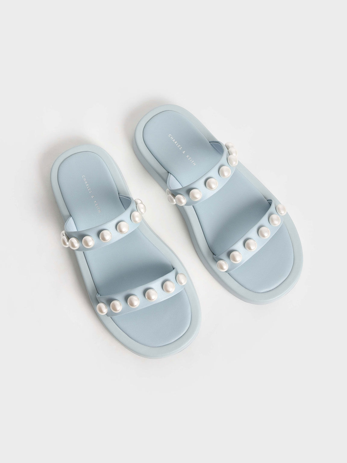Pearl-Embellished Slide Sandals, Light Blue, hi-res