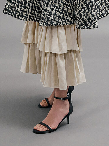 Sandalias de tacón de aguja con tira al tobillo de grogrén, Negro texturizado, hi-res