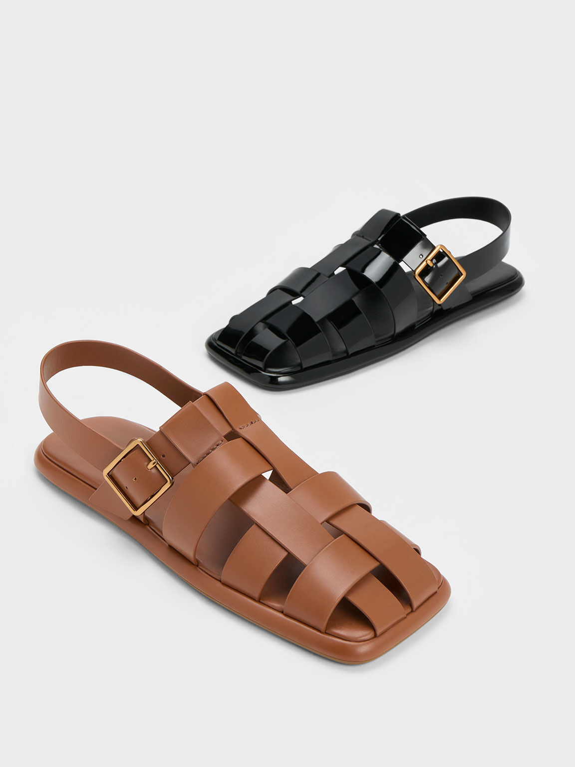 Metallic Buckle Caged Patent Slingback Sandals, Black Patent, hi-res
