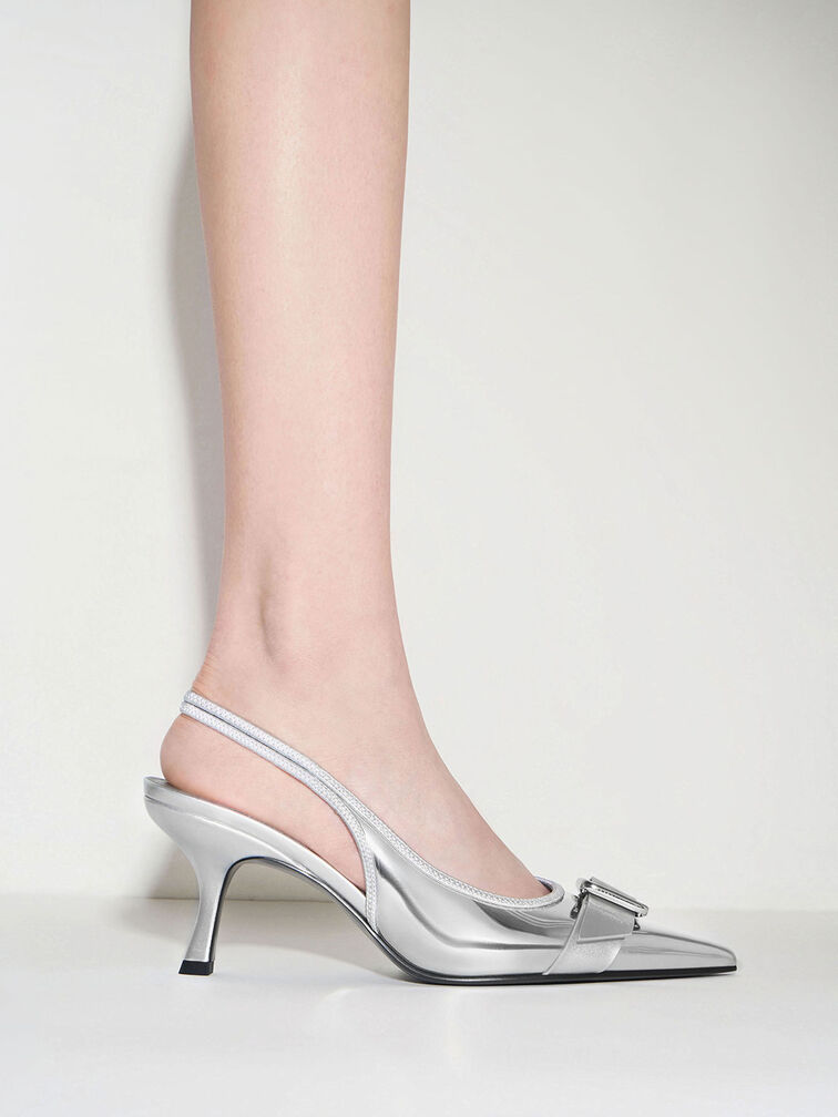 Bombas Slingback Anita Metálicas com Fivela e Biqueira Apontada, Silver, hi-res