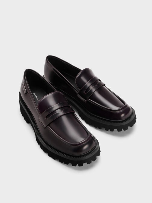 Covered Ridge-Sole Loafers, Burgundy, hi-res