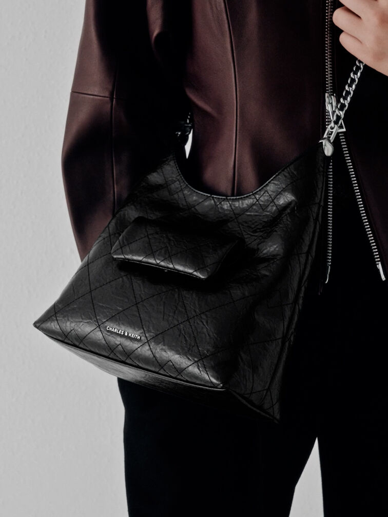 Duo Quilted Front-Pocket Chain Hobo Bag, Noir, hi-res