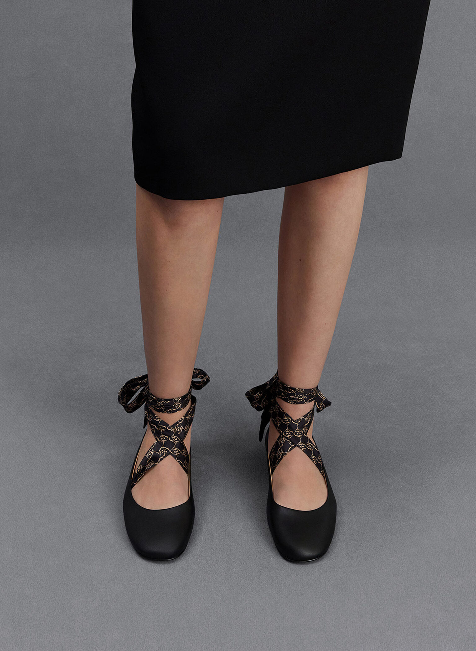 Leather Monogram Tie-Around Ballet Flats, Black, hi-res