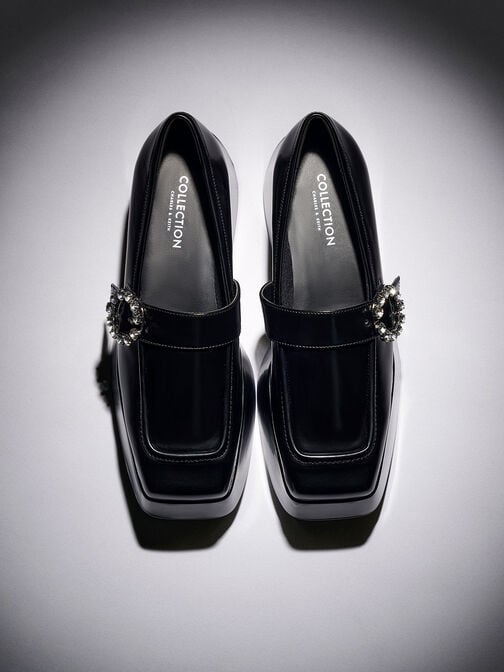 真皮水鑽釦厚底樂福鞋, 黑色, hi-res