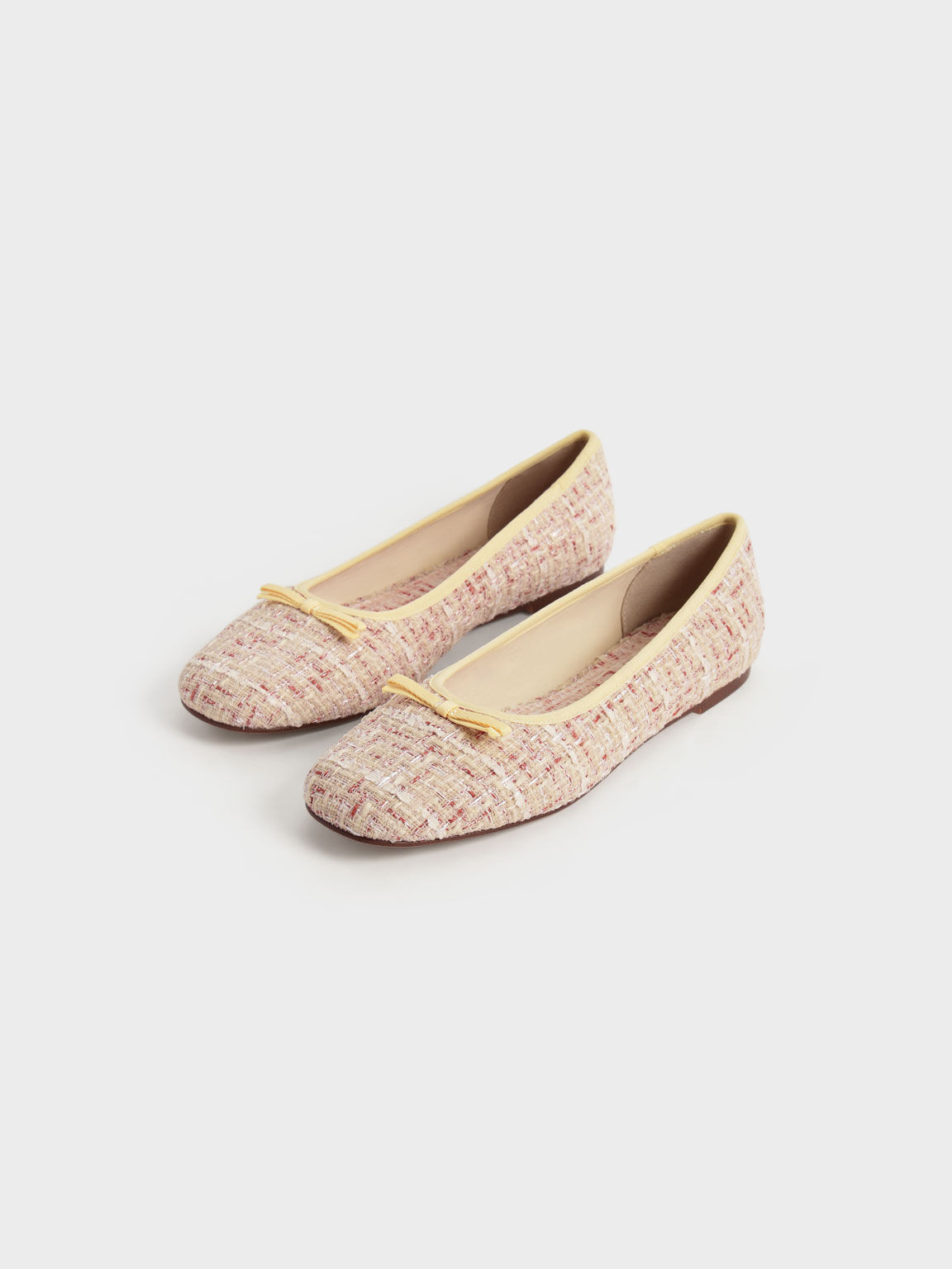 Tweed Bow Ballerina Pumps, Cream, hi-res