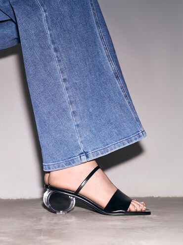 Crinkle-Effect Sculptural-Heel Mules, Black, hi-res
