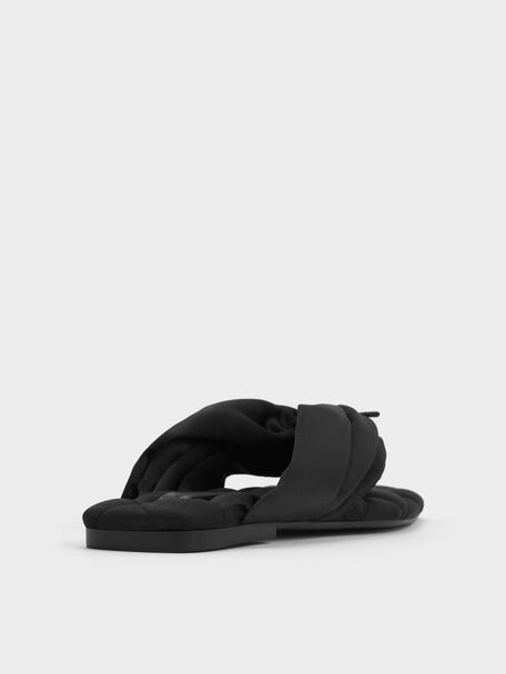 Satin Pearl-Accent Square-Toe Sandals, Black Textured, hi-res