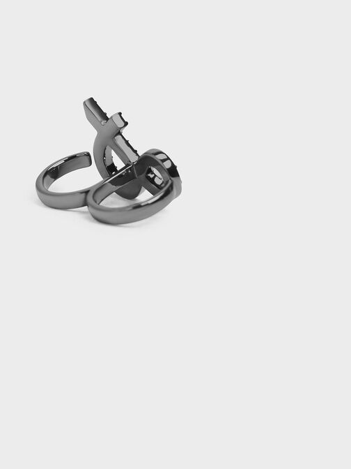Crystal Encrusted Ampersand Double Ring, Black, hi-res