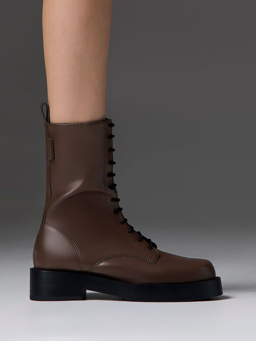 Lace-Up Calf Boots, Dark Brown, hi-res