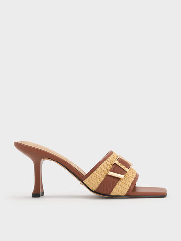 Mules con tacón en piel y rafia con hebilla Whitney, Marrón, hi-res