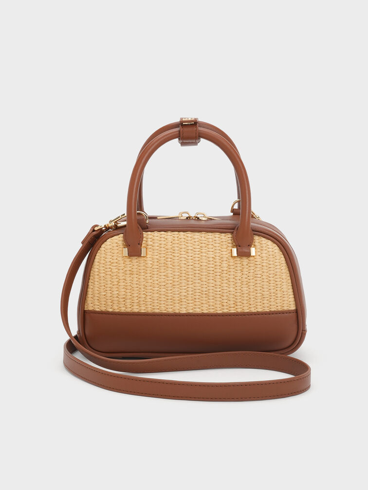 Leather & Raffia Bowling Bag, Rafia neutral, hi-res