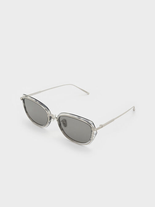 Metallic Rim Geometric-Frame Sunglasses, Grey, hi-res