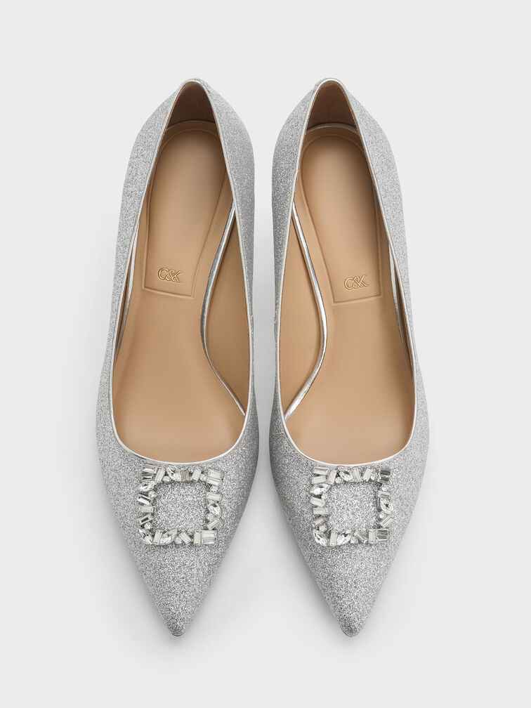 Ever Glittered Gem-Embellished Kitten Heel Pumps, Silver, hi-res