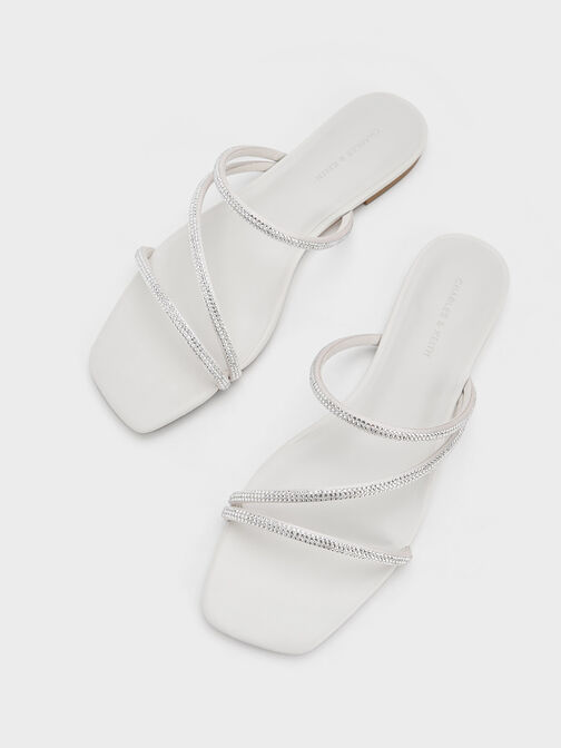 Satin Crystal-Embellished Strappy Sandals, White, hi-res