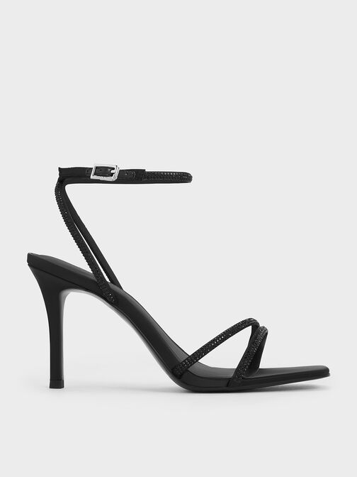 Satin Crystal-Embellished Asymmetric Heeled Sandals, Black Textured, hi-res