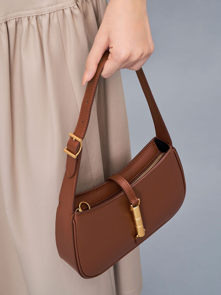 Brown Cesia Metallic Accent Shoulder Bag - CHARLES & KEITH US
