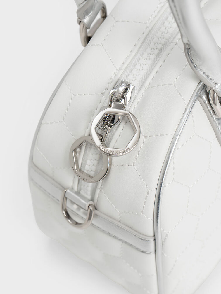 Striped Textured Bowling Bag, White, hi-res