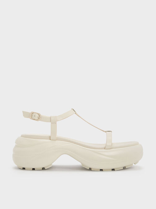T-Bar Curved Platform Sports Sandals, Cream, hi-res