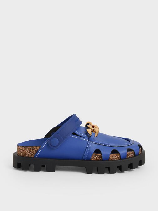 Brighton Chunky Chain-Link Flat Mules, Blue, hi-res