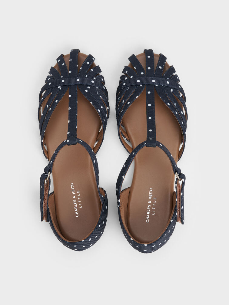 Girls' Dotted Caged T-Bar Sandals, Dark Blue, hi-res