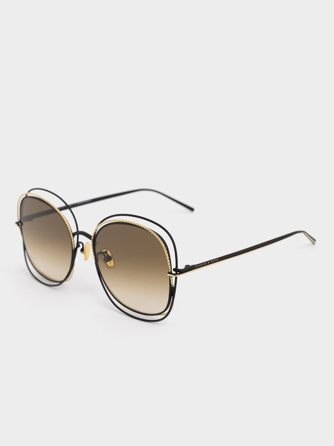 Cut-Out Frame Metallic-Rimmed Butterfly Sunglasses, Black, hi-res