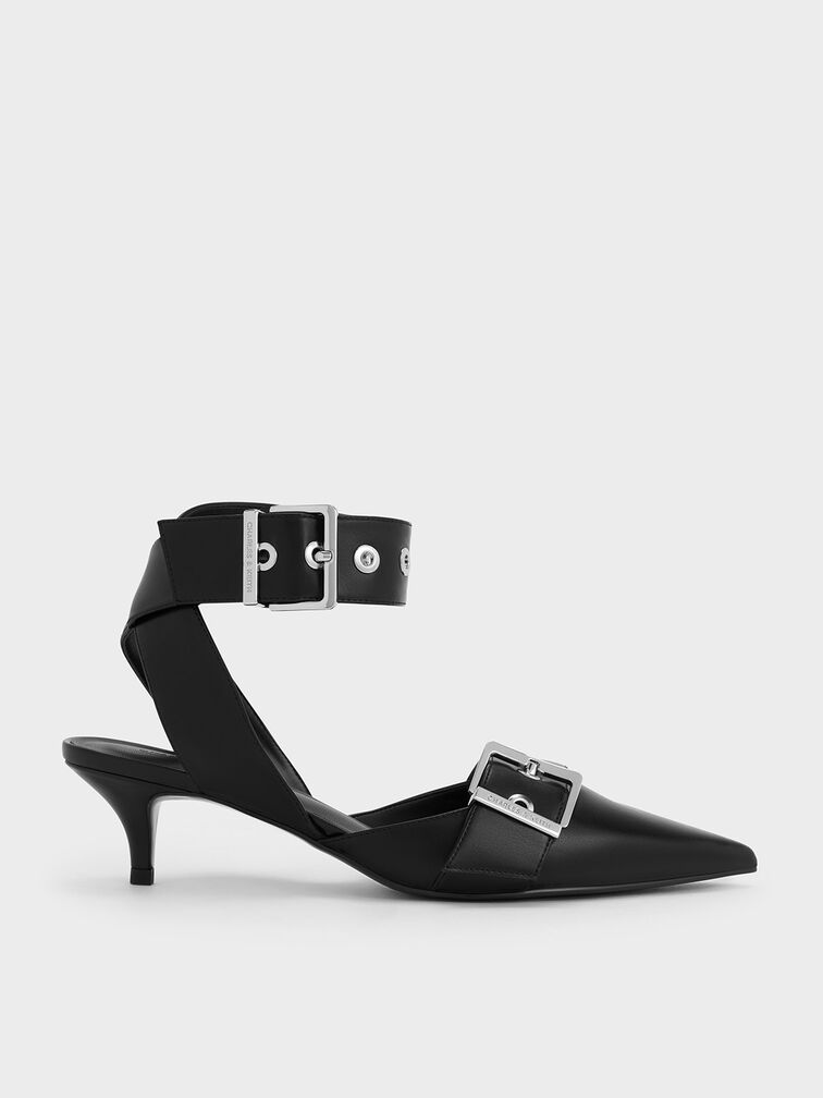 Black Grommet-Strap Kitten-Heel Pumps - CHARLES & KEITH CA