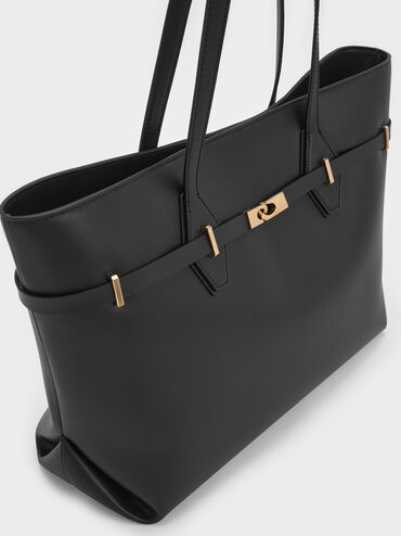 Arlet Double-Handle Belted Tote bag, Black, hi-res