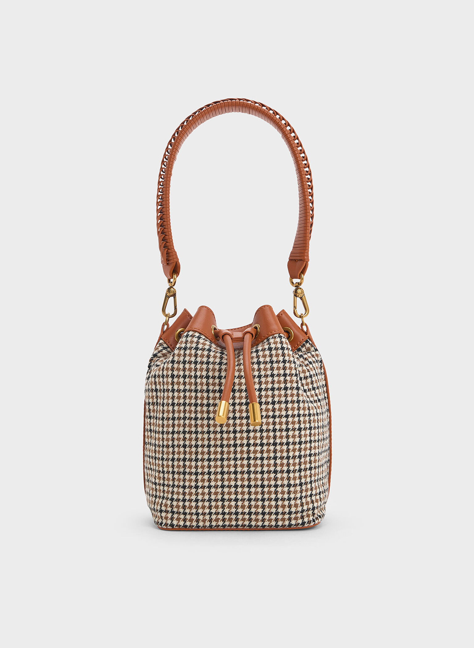 Checkered Drawstring Bucket Bag, Cognac, hi-res