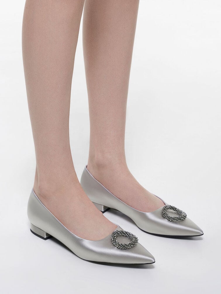 Recycled Polyester Beaded Circle Flats, Silver, hi-res