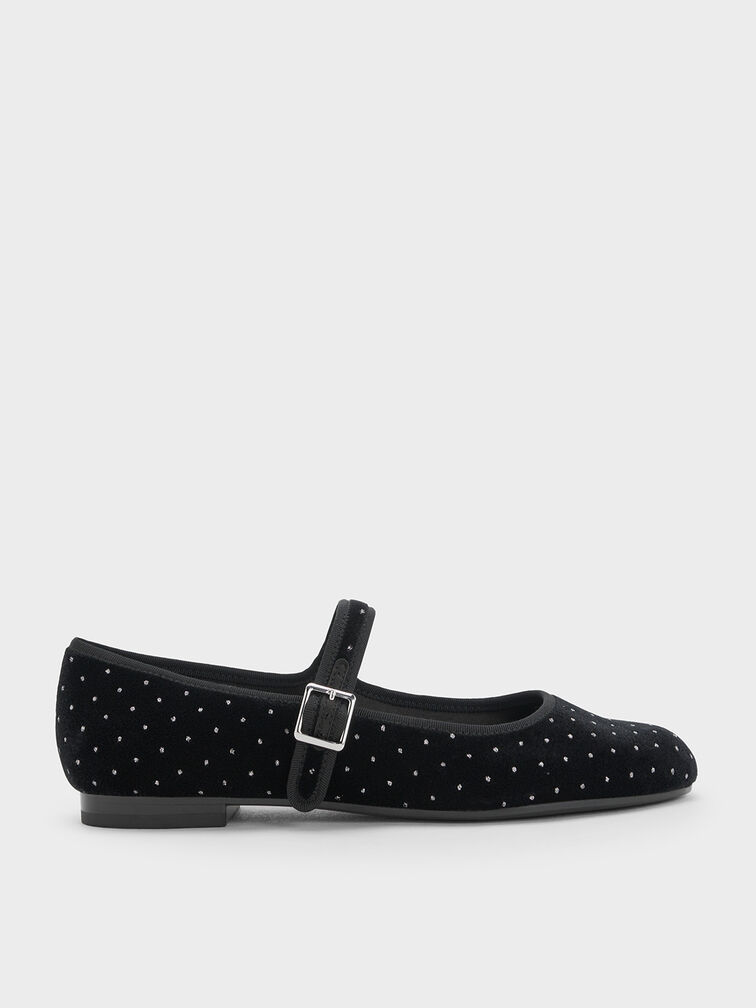 Carmel Velvet Dotted Buckled Mary Jane Flats, Black Textured, hi-res