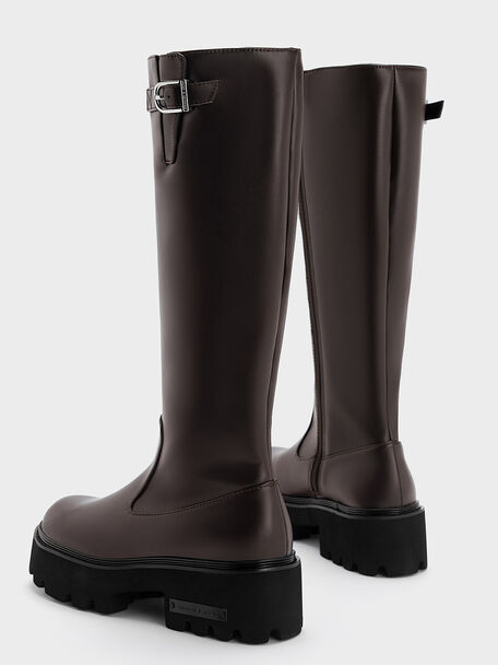 Imogen Side-Buckle Chunky Knee-High Boots, Dark Brown, hi-res