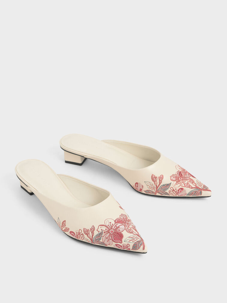 Embroidered Floral Mules, Cream, hi-res