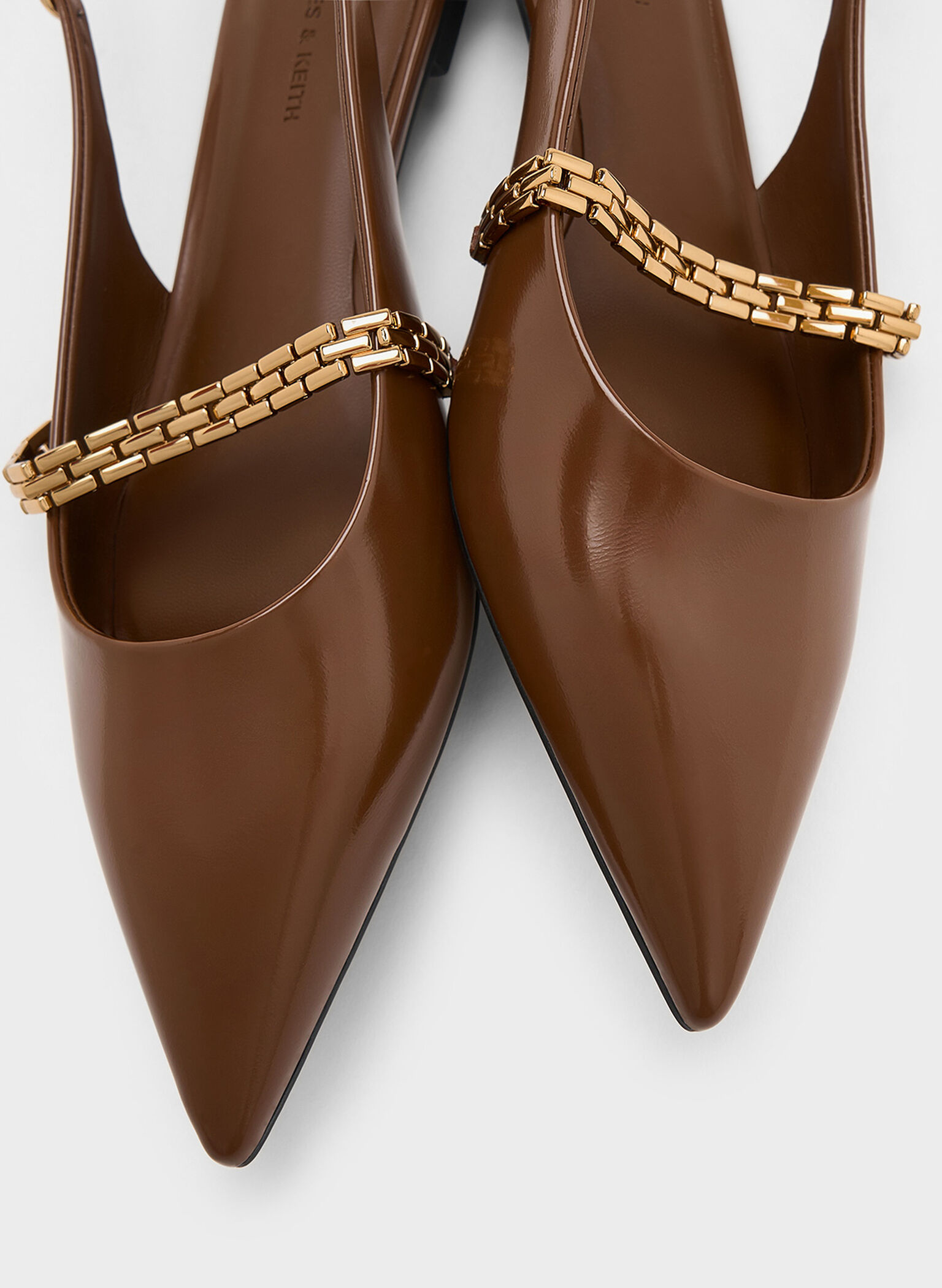 Chain-Strap Pointed-Toe Slingback Flats, Brown, hi-res
