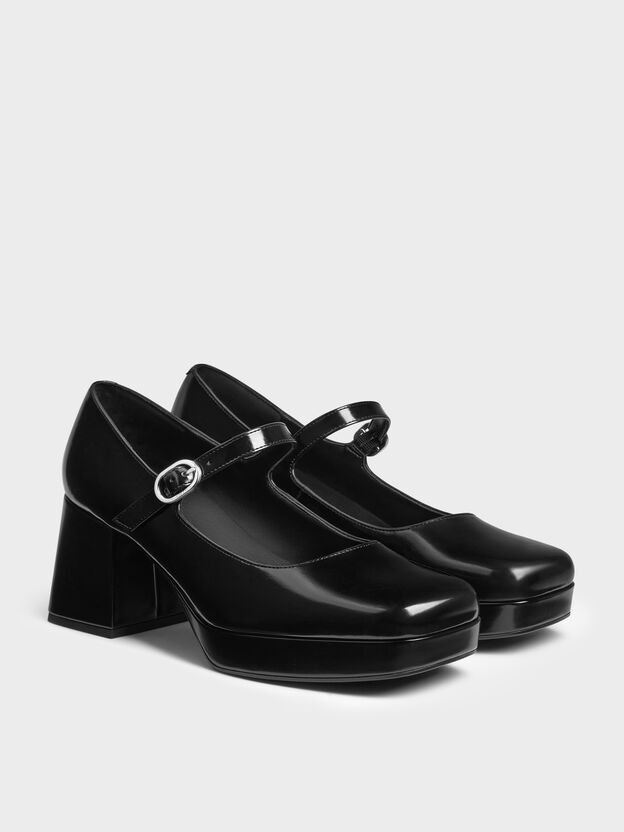 Zapatos Mary Jane con plataforma y tac&oacute;n de bloque, Negro pulido, hi-res