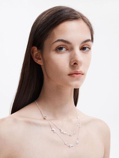 Snowflake-Motif Pearl & Crystal Double Necklace, Silver, hi-res