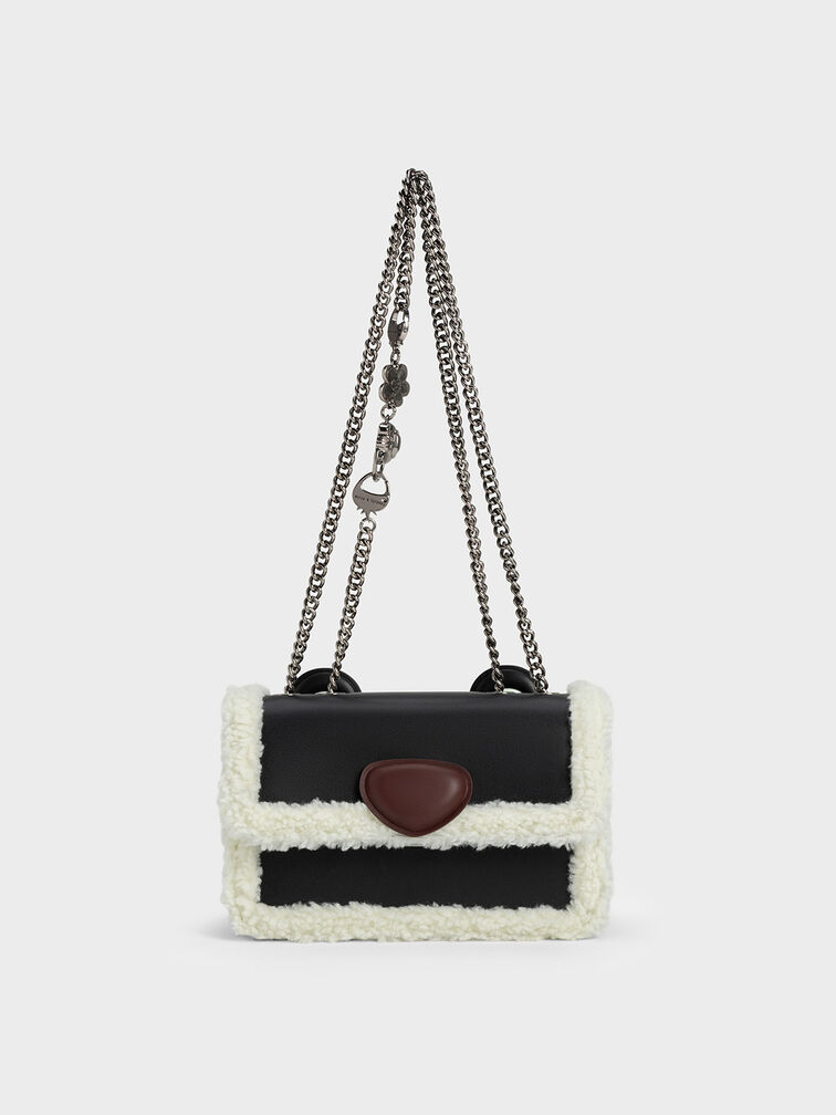 Lotso Fur-Trim Front Flap Bag, Black, hi-res