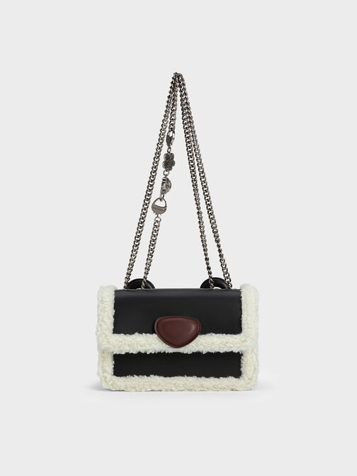 Lotso Fur-Trim Front Flap Bag, Black, hi-res