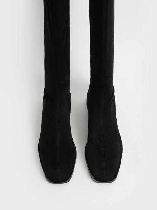 Textured Knee High Flat Boots, Black Textured, hi-res