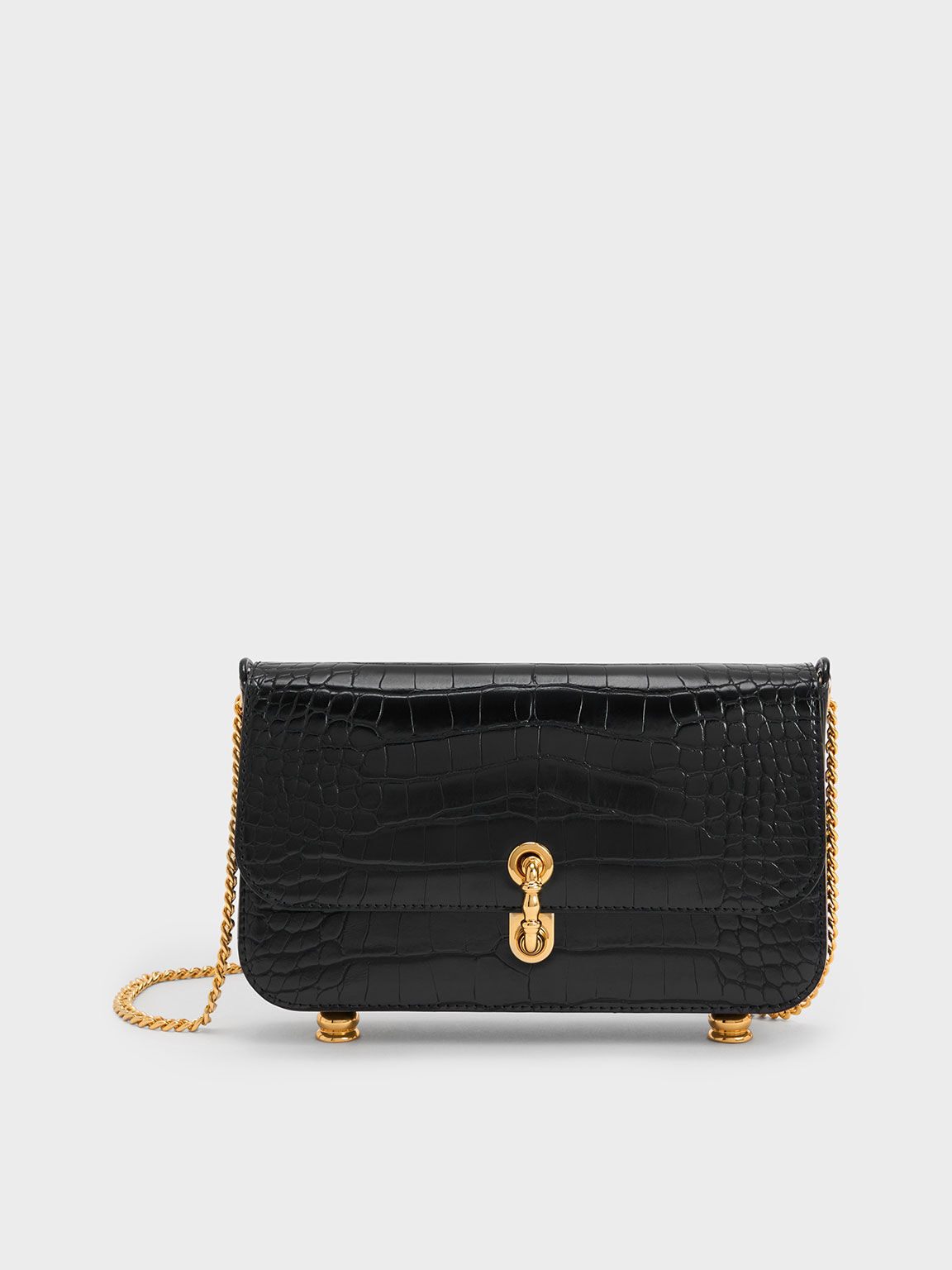 Meriah Croc-Embossed Clutch, Black, hi-res