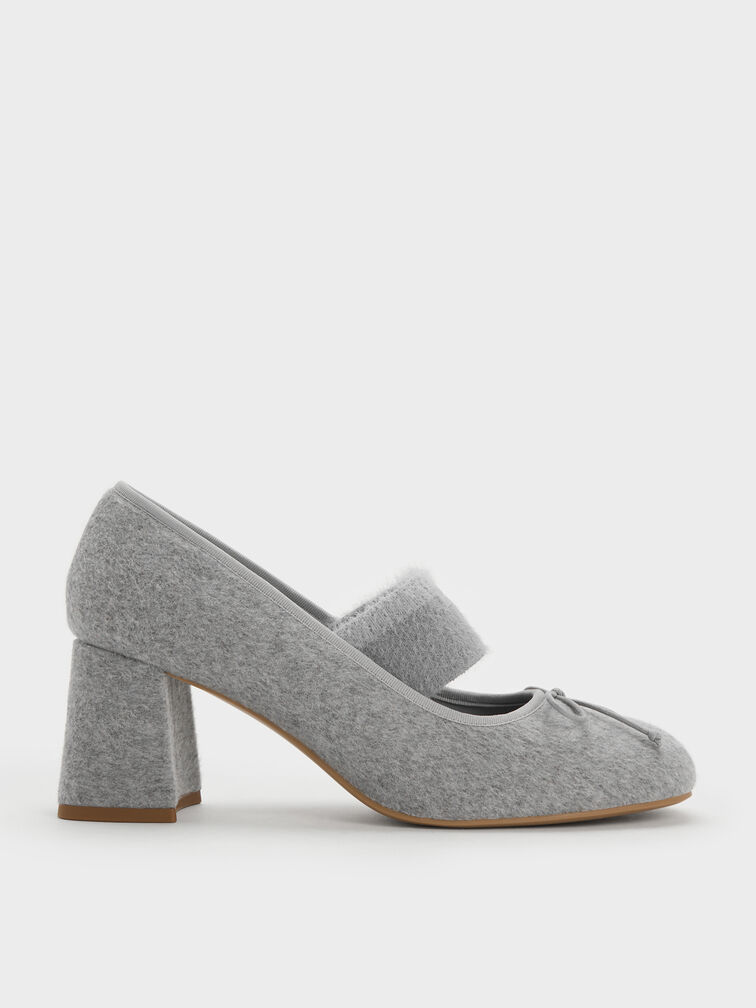 Winona Felt Bow Furry-Strap Mary Jane Pumps, Light Grey, hi-res