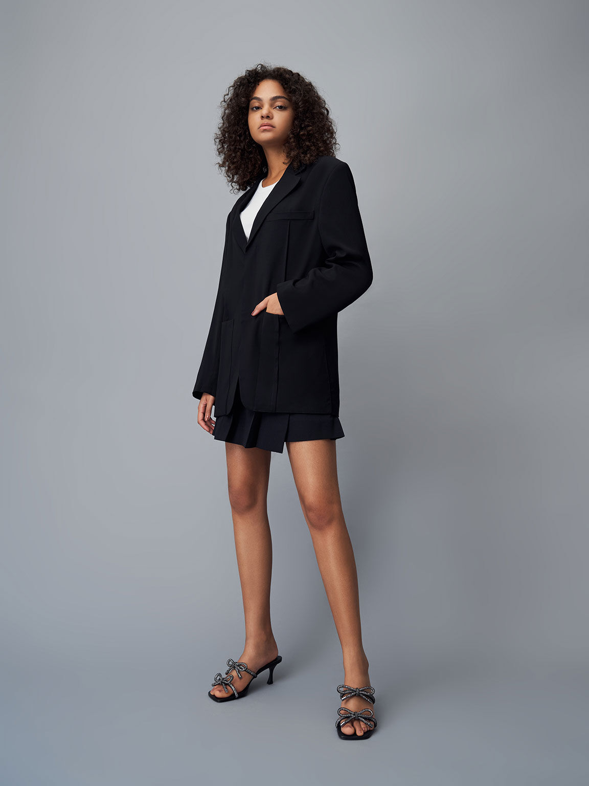 Gem-Embellished Bow-Tie Mules, Black, hi-res