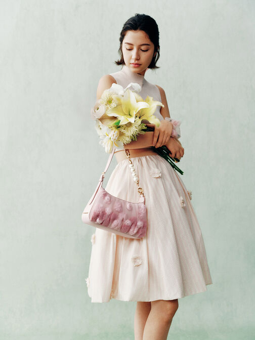 Gift Set: Floral-Mesh Pearl-Strap Shoulder Bag, Light Pink, hi-res