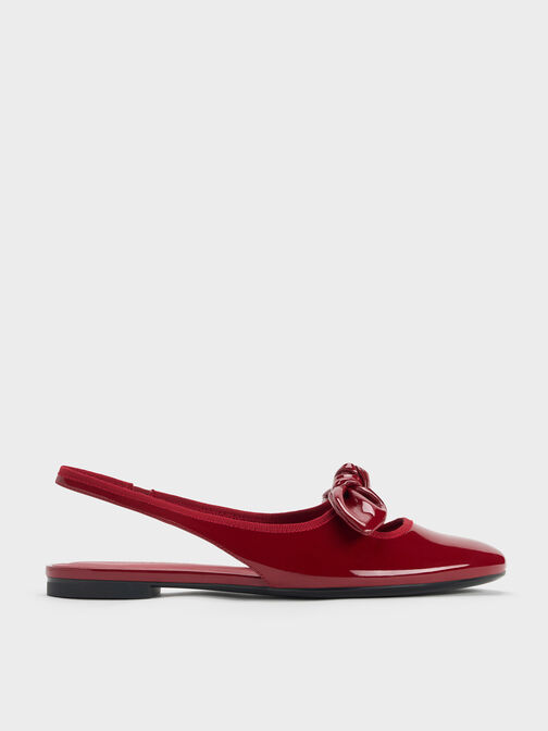 Patent Knotted-Bow Slingback Flats, Red, hi-res