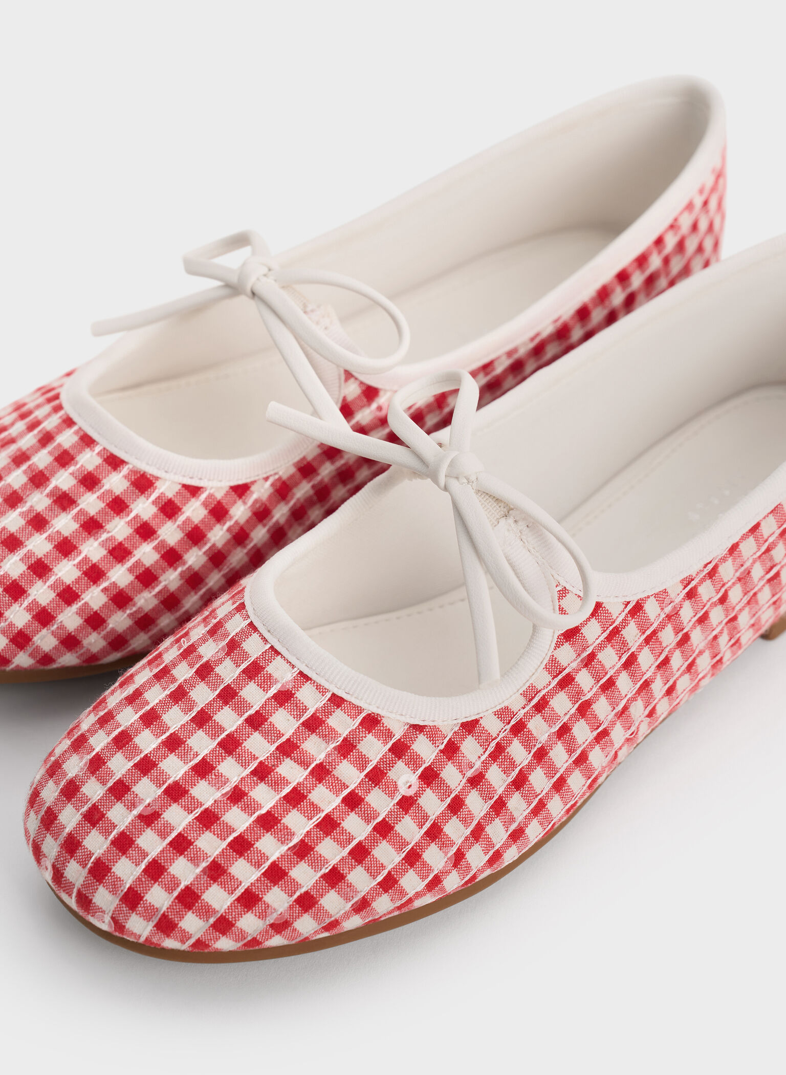 Girls' Gingham Bow Ballet Flats, Red, hi-res