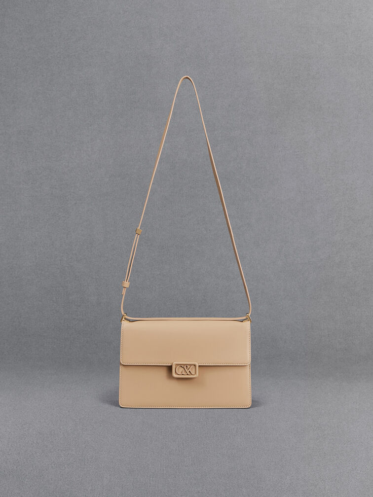 Leather Shoulder Bag, Nude, hi-res