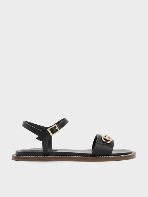 Horsebit Back Strap Sandals, Black, hi-res