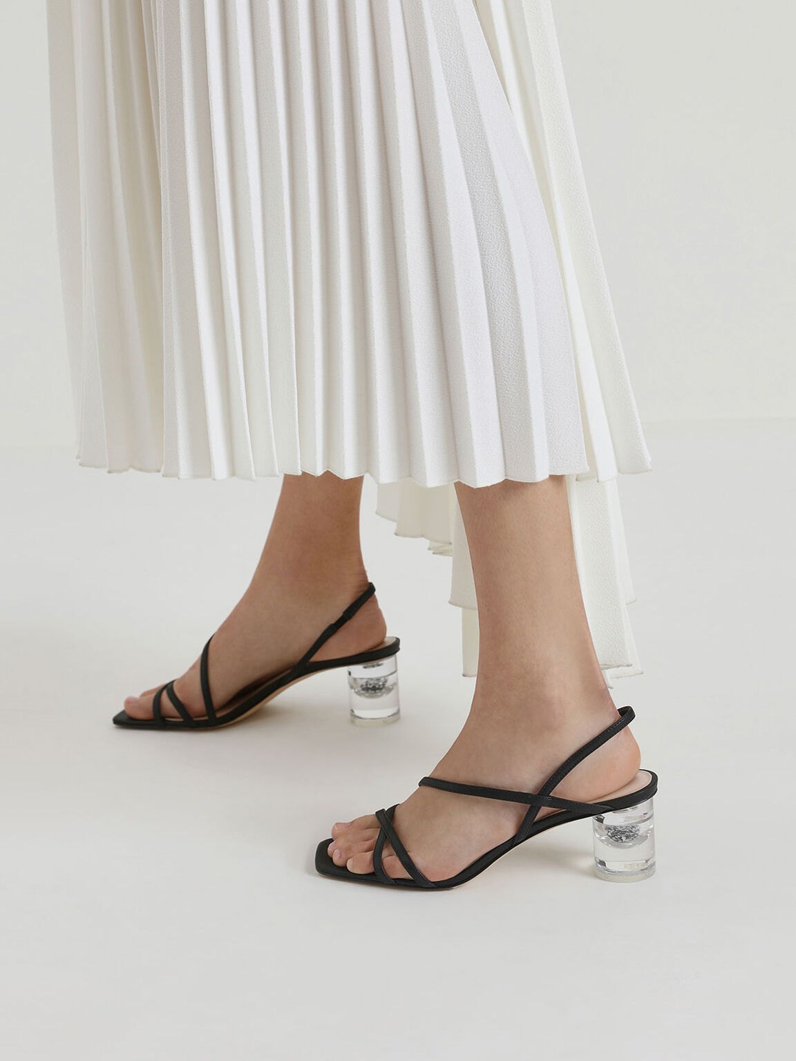 Asymmetric Strap Lucite Heel Sandals, Black, hi-res