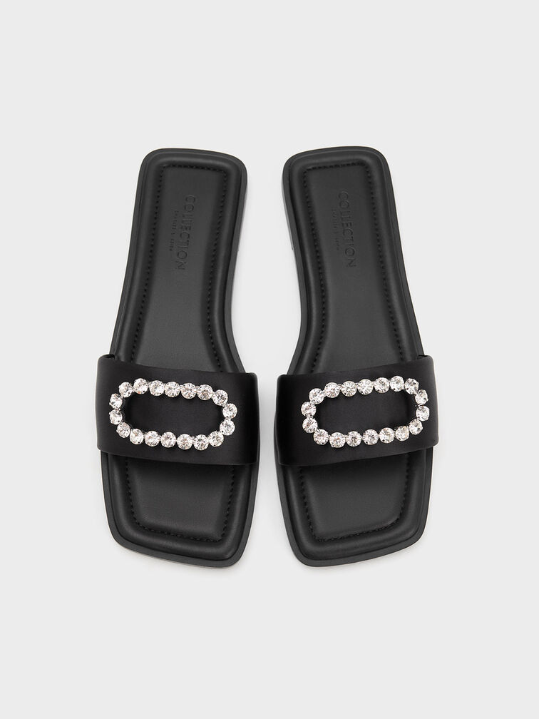 Gem-Embellished Recycled Polyester Slides, Black, hi-res