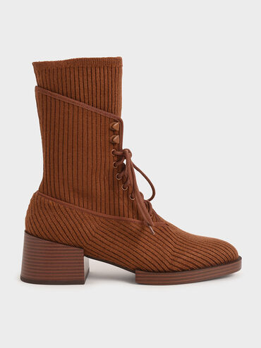 Knitted Lace-Up Ankle Boots, Brick, hi-res