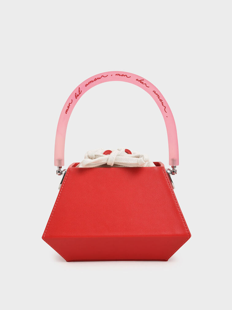 Acrylic Handle Structured Bucket Bag, Red, hi-res